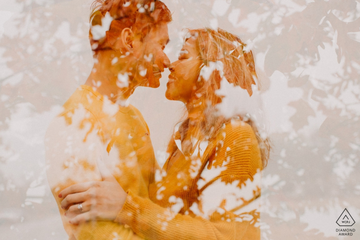 Photo by: <a href="https://www.wpja.com/photos/diamond-award-top-wedding-engagement-photographer/2579311">Si Vo - Houston Texas Houston, TX, engagement photography - A double exposes photo of a happy couple in Fall