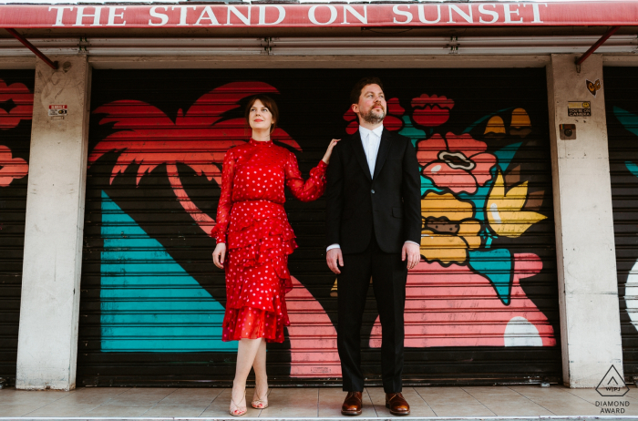 Hollywood, Los Angeles engagement shoot of a couple chilling on Sunset Blvd 