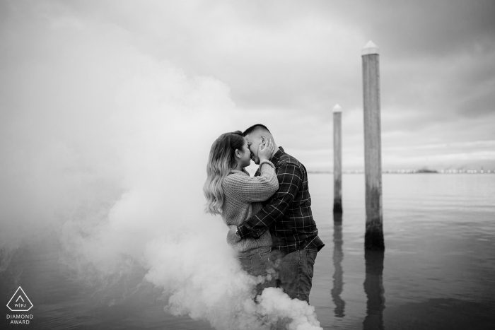 Photo by: <a href="https://www.wpja.com/photos/diamond-award-top-wedding-engagement-photographer/2579519">Tyler Vu - San Jose California Berkeley Marina engagement photo shoot - Love heats up this portrait session in black and white