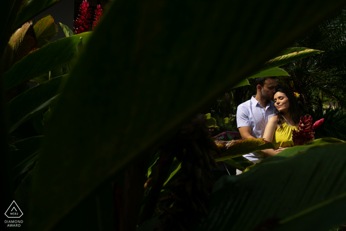 Engagement photo of a couple in the tropical sunlight Engagement photo of a couple in the sunlight | Pirenópolis pre-wed