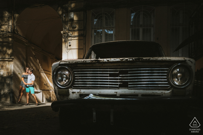 Odessa/Ukraine Engagement Photo Shoot - Couple dancing under a natural light 