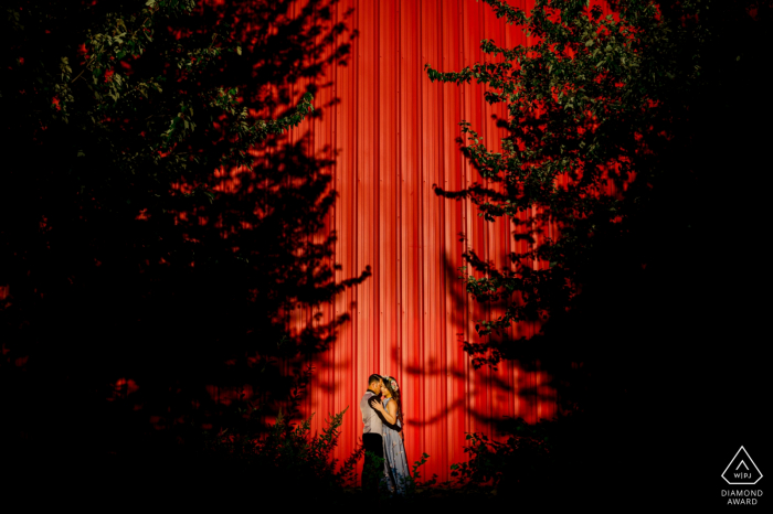 Couple having their happy moment under a sunset hour near Downtown Portland 