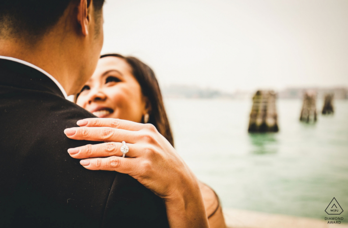 Venice engagement shoot in winter of a couple and a ring detail.