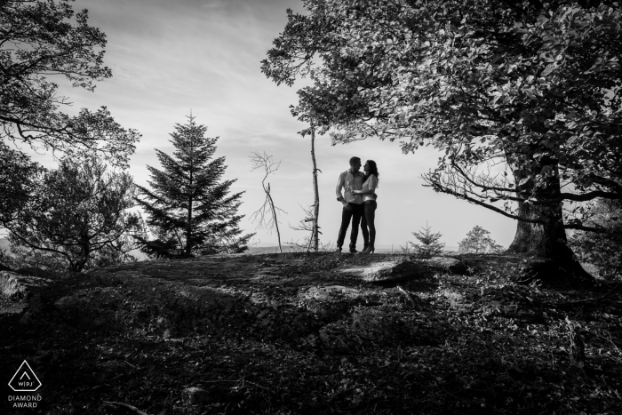 Photo de fiançailles en noir et blanc d'un couple sous un arbre dans la forêt de Saverne