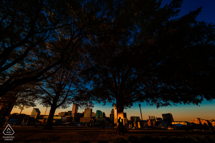 Baltimore, MD zaangażowanie | Fotograf: „Chciałem uchwycić panoramę miasta o zachodzie słońca, ale było to trudne ze wszystkimi ludźmi wokół, więc pokazałem ich sylwetkę na tle drzewa, aby pomóc im zwrócić uwagę na ruchliwe elementy”.