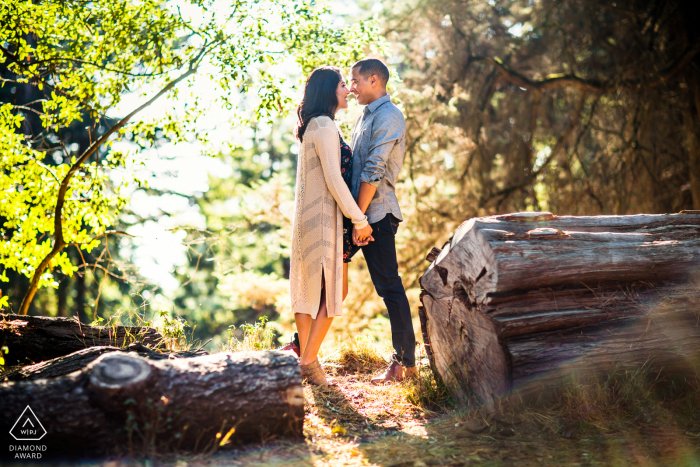 Photo d'un couple avant le mariage à Oakland Hill - Romance dans les bois