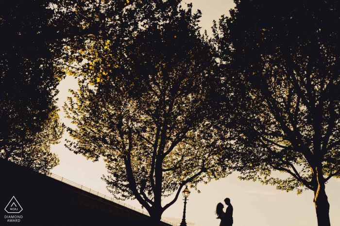 a sihouetted Pre-wedding shoot in the park with trees Engagement Photography | Pre-wedding shoot in London Southbank