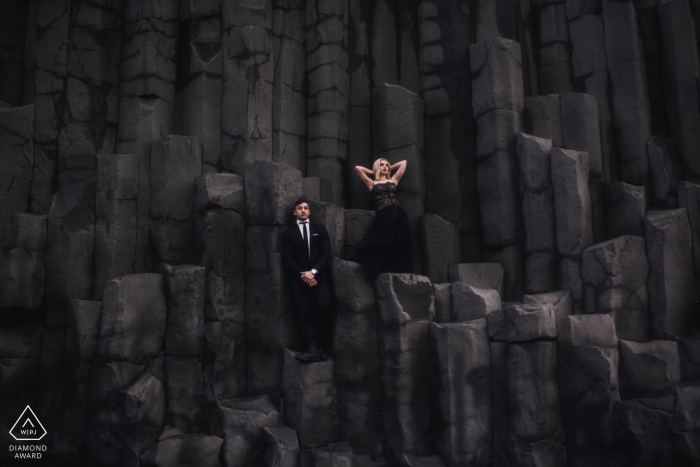 Black on Black Engagement Portrait in a Formal Fashion Iceland Black on Black Engagement Portrait in a Formal Fashion