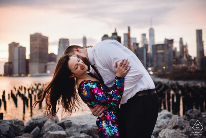 NYC Sequin Dress Against City Backdrop | New York Engagement Photography