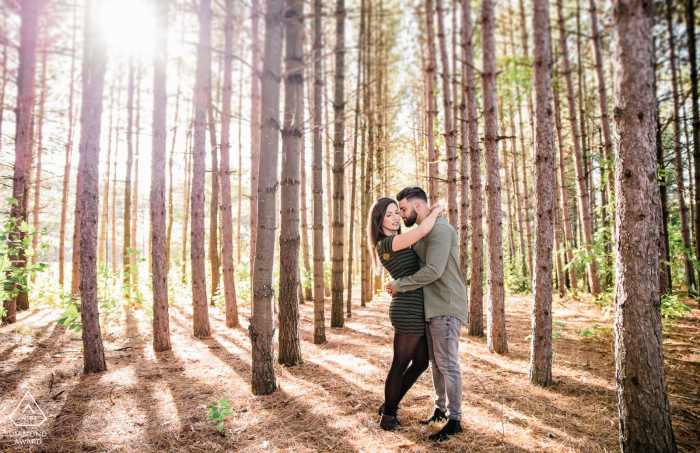 Engagement photo shoot amongst tall, narrow trees with the sunlit peeking through in Caledon, Ontario.