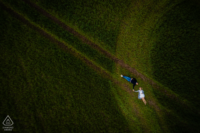 Drone engagement photo high above the grass fields Drone engagement photo in Kirchhorst, Germany