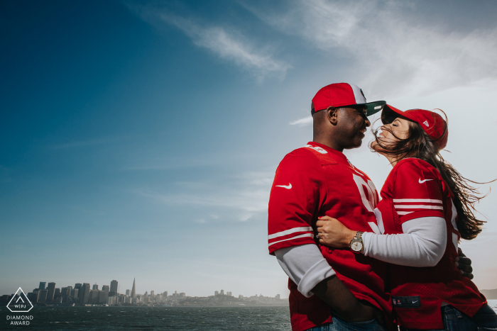 Angle Island, San Francisco Fans of Niners portrait session with a light and team gear