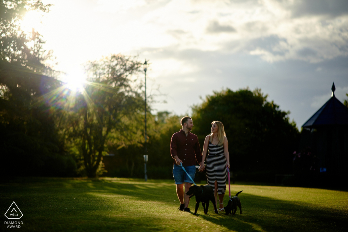 Rodaje de compromiso de Hampshire con una pareja paseando a un perro al sol en el parque