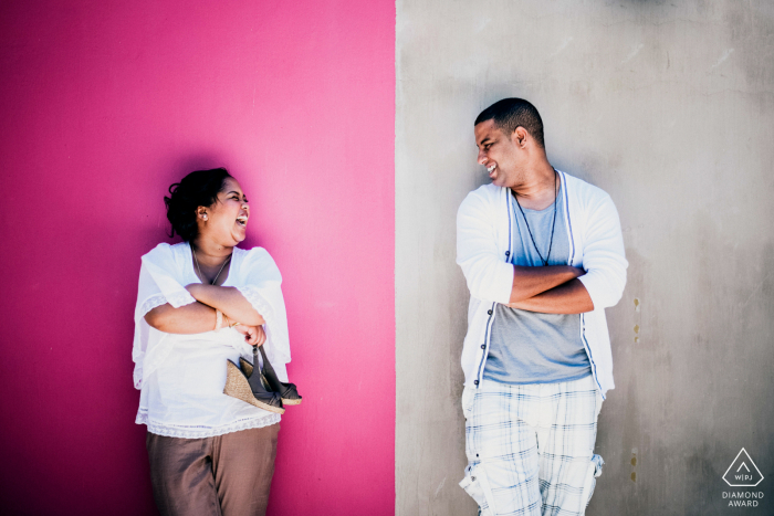 Western Cape Town engagement photographer: I saw this divide of colours in the wall colours and played with this theme of divide for this fun photo