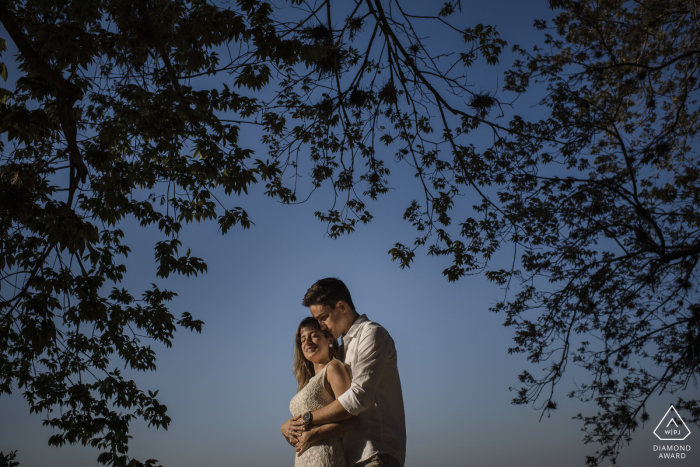 Brasil abrazo por el árbol que enmarca a los novios para retratos en el Parque das Ruínas, Santa Teresa, Río de Janeiro