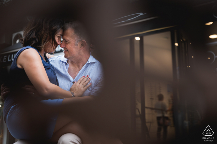 Agen, France engagement photography of a couple and reflections