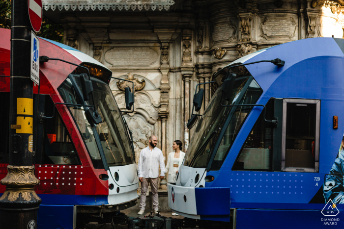 Sultanahmet prewedding portrait of a couple between two train lagoons