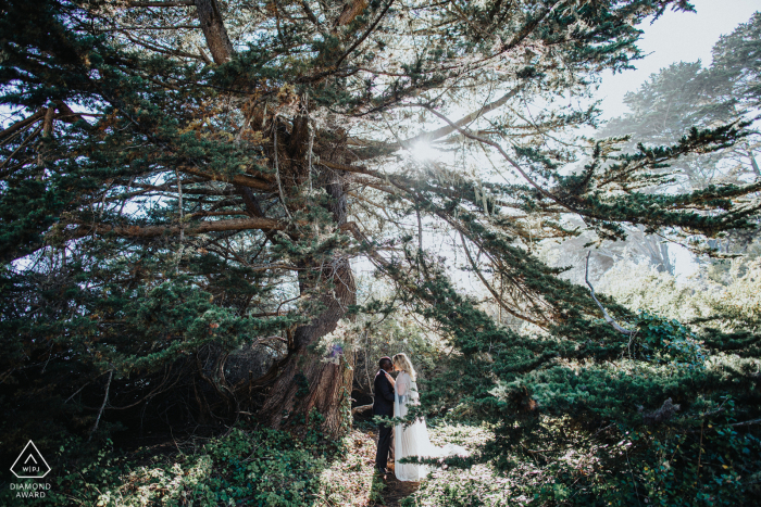 Fitzgerald Marine Reserve, Moss Beach, California couple surrounded in The love of light during engagement photo session