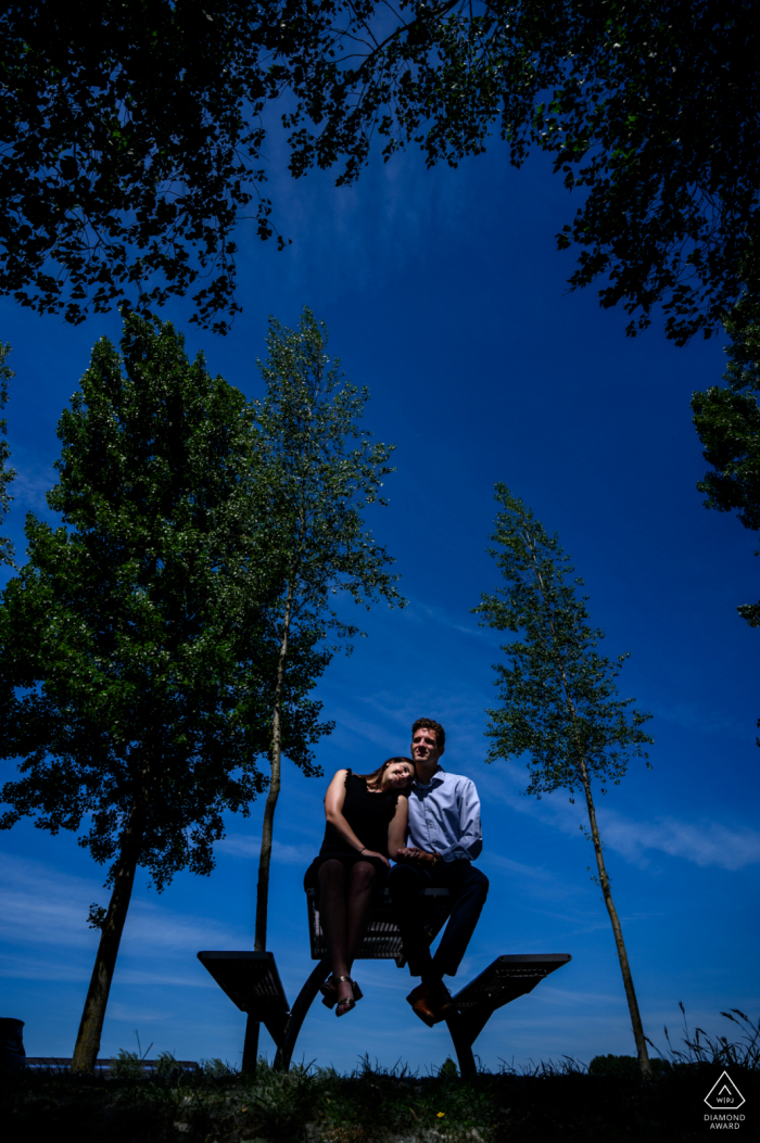 De klinge couple assis sur un banc de parc et éclairé sous de grands arbres