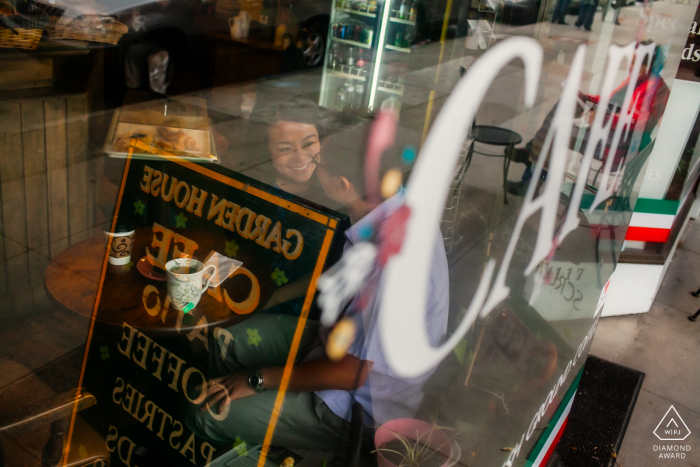San Francisco CA Coffee aroma and love during glass reflection pictures for engagement display San Francisco CA Coffee aroma and love during glass reflection pictures for engagement display