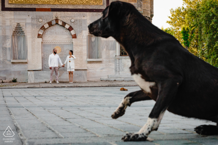 Estambul Pareja y el perro posando para fotos de compromiso en Turquía