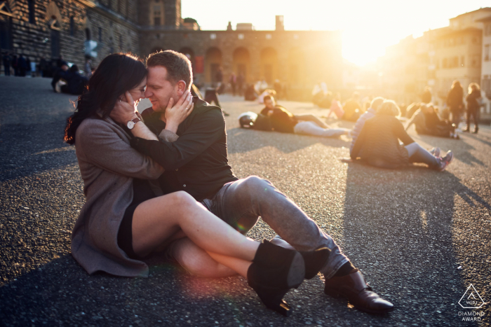 Town square couple engagement photos in Florence