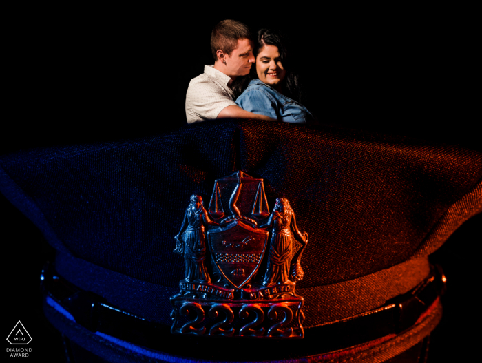 Cops couple engagement image from Peddler's Village, the groom is a police officer so I incorporated his hat and the police colors into the photo of the two of them