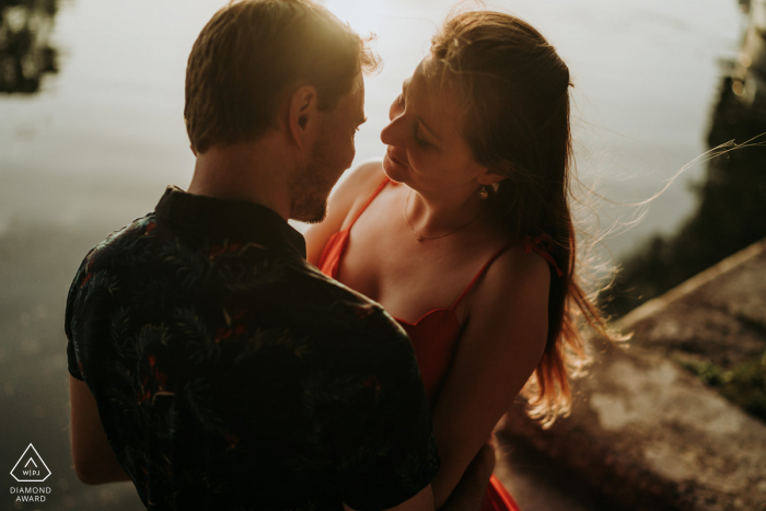 High-angle beach couple engagement portraits at Taillebourg France 