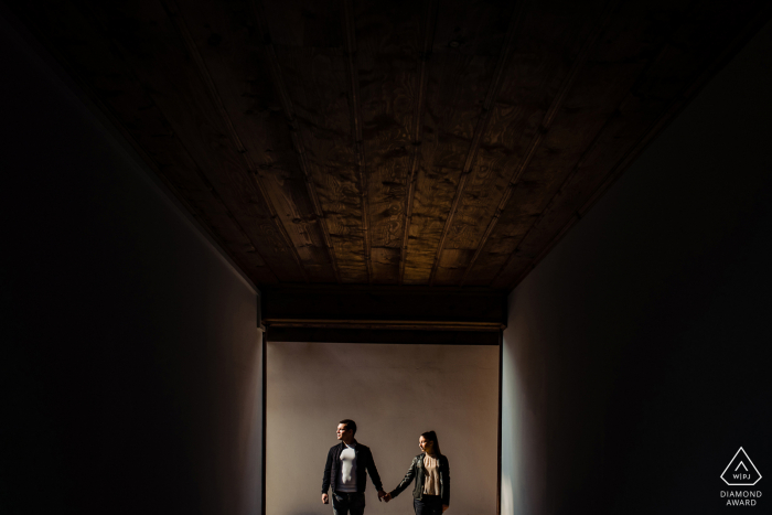 Wine & Spa Complex Starosel, Bulgaria engagement portrait with a posed couple framed in an opening