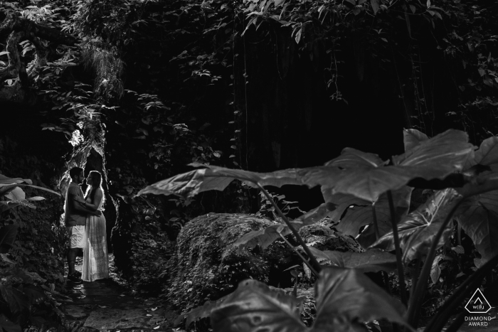 Séance de portraits avant le mariage au Brésil avec des amoureux engagés au Parque Lage - RJ - Rio de Janeiro qui sont rétro-éclairés dans la nature brésilienne