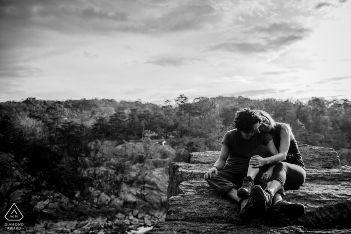 Great Falls National Park Rock Climbing Engagement Session in black and white