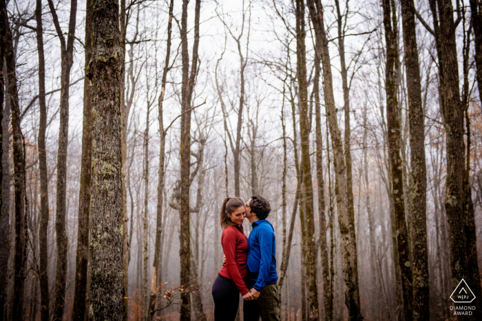 Dolly Sods – Fotosession vor der Hochzeit in West Virginia an einem nebligen Nachmittag im Wald