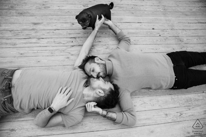 Lectoure, France small indoor photo session before the wedding day with a couple with their dog Lectoure, France small indoor photo session before the wedding day with a couple with their dog