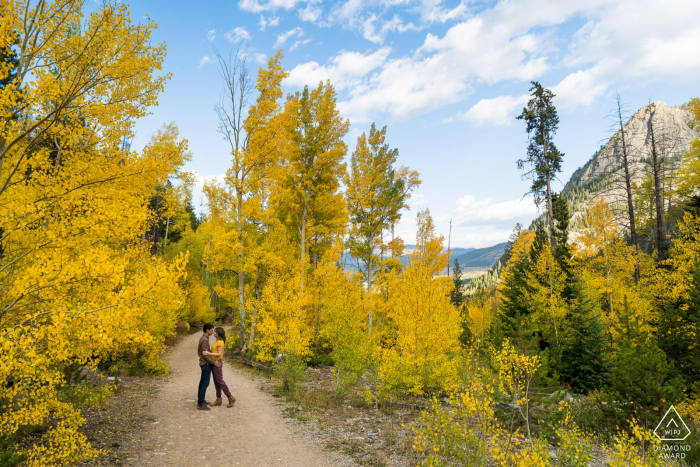 Breckenridge, CO à l'extérieur de la séance photo de la forêt avant le jour du mariage d'un couple sur un chemin de terre