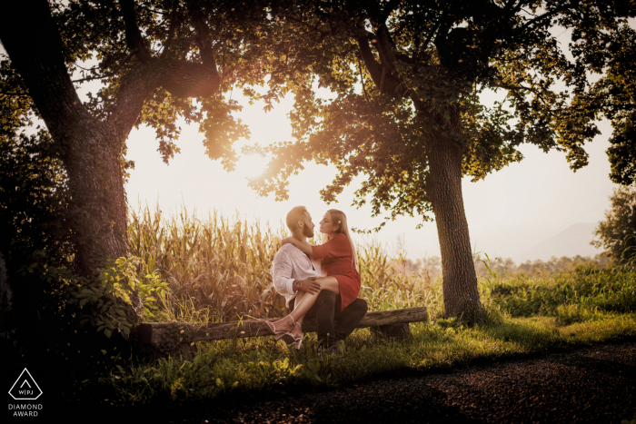 Schio, Vicenza, Italie à l'extérieur de la session photo de la forêt avant le jour du mariage alors qu'il était assis sous les arbres dans la chaude lumière du soleil