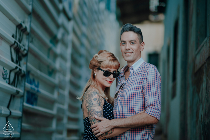 Alfama street, Lisboa, Portugal mini urban pic shoot before the wedding day with fun posing near a closed street for works, but still with a lovely light