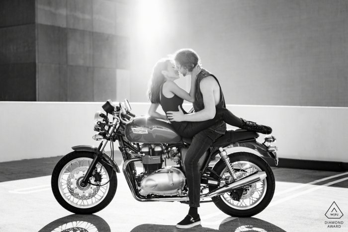 Perth, Western Australia mini urban pic shoot before the wedding day on the parking garage roof with a Triumph motorcycle Perth, Western Australia mini urban pic shoot before the wedding day on the parking garage roof with a Triumph motorcycle