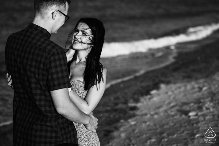 Norfolk, UK shoreline couple shoot in black and white