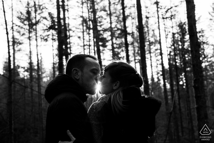 Vagney pre - wed image in BW in the trees Just before a kiss Vagney pre - wed image in BW in the trees Just before a kiss
