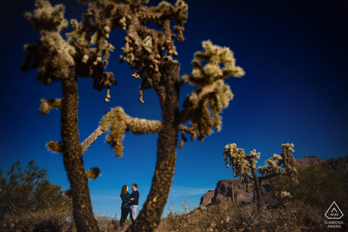 Superstition Mountains sesión de pic de compromiso con una pareja enmarcada por cactus contra el cielo azul oscuro