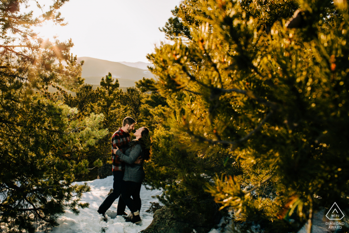 CO engajou uma sessão de fotos no Golden Gate Canyon State Park com o casal se abraçando nas árvores