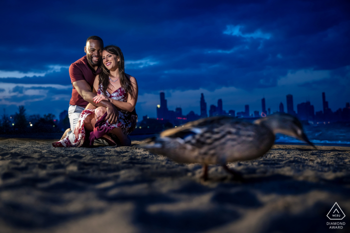 31st Street Beach, Chicago Illinois Fine Art Engagement Image showing a couple on the beach with a duck