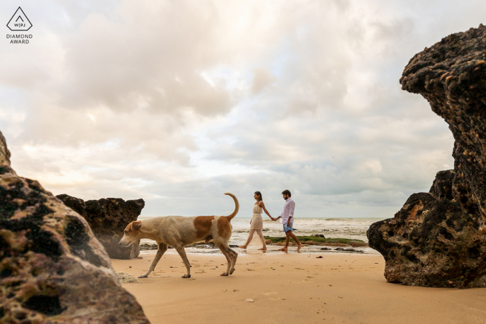 Photo by: <a href="https://www.wpja.com/photos/diamond-award-top-wedding-engagement-photographer/2622439">Gustavo Sarmento - Maceió Alagoas Taíba portrait e-session - couple walking on beach with a dog