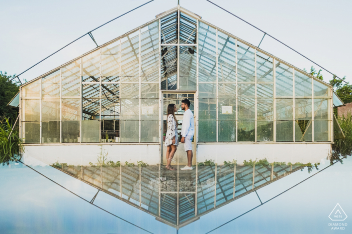 Maceió, Brazil on-location portrait e-shoot with some greenhouse glass love and symmetry