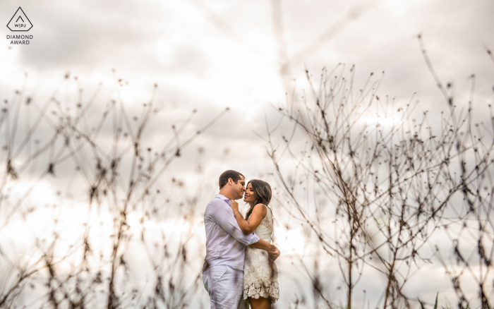 E-session de engajamento ambiental em Maceió, Alagoas com o casal se abraçando em uma fazenda e o capim seco forma uma moldura para eles