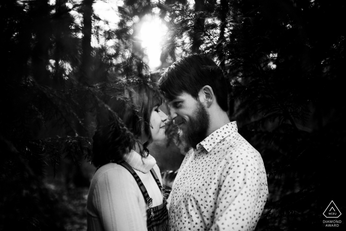 Camors, Brittany couple e-shoot shown in black and white in the forest