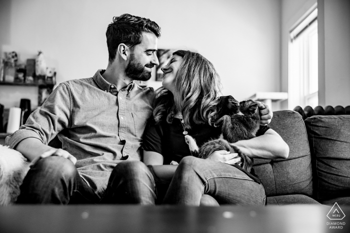 Chicago at-home couple e-session in BW with their cat