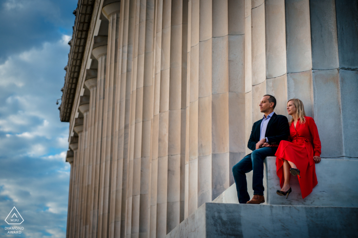 Washington DC bride and groom to be, sitting for a pre-wedding engagement session at Lincoln Memorial