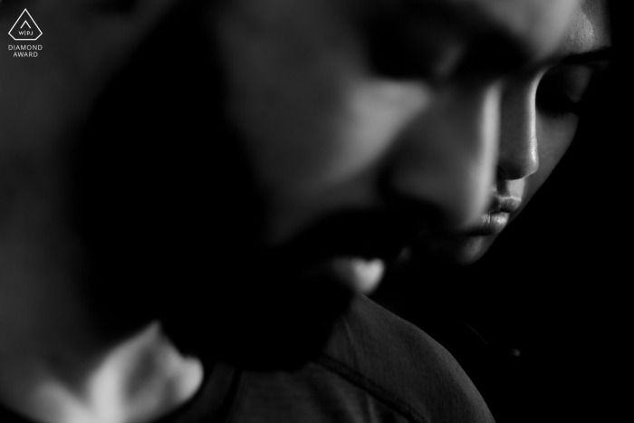 Ras Al Khaimah engagement image of a couple in a tight, intimate pose in BW Ras Al Khaimah engagement image of a couple in a tight, intimate pose in BW