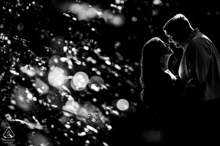 Cloudland Canyon State Park, GA séance de fiançailles avant le mariage capturant le bokeh de l'eau dans BW à la cascade